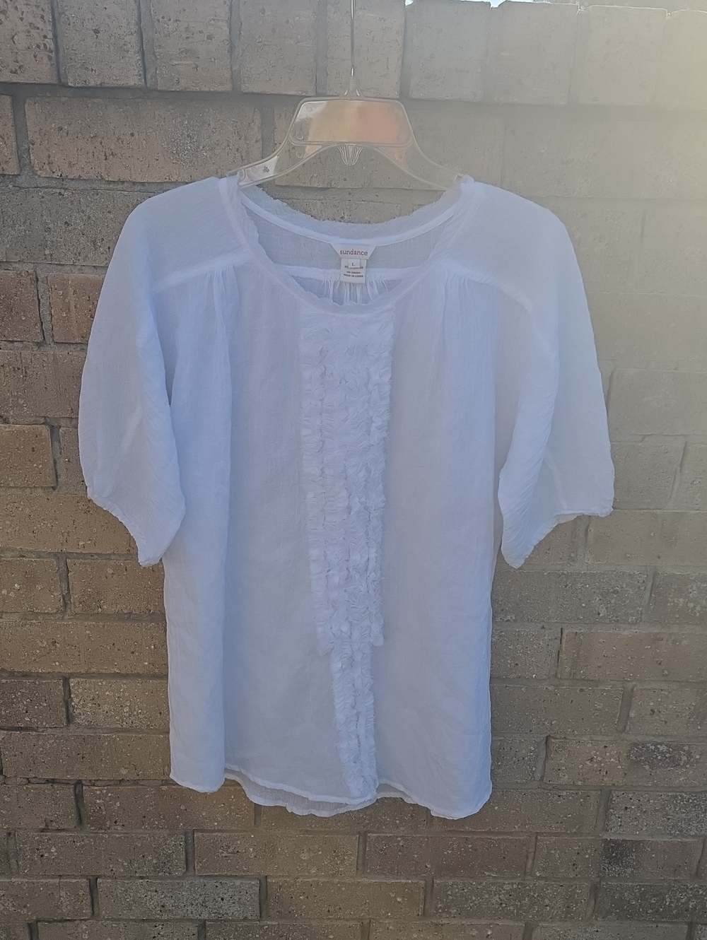Sundance White Short Sleeve Ruffled Front Blouse